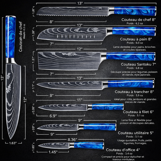 Set de 8 Couteaux Japonais Damas – Lames Premium & Manche Bleu