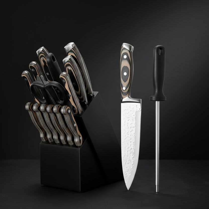 Ensemble de 15 Couteaux Kensei Kaizen™ avec Bloc Auto-Affûtant - Manche Bois Noir