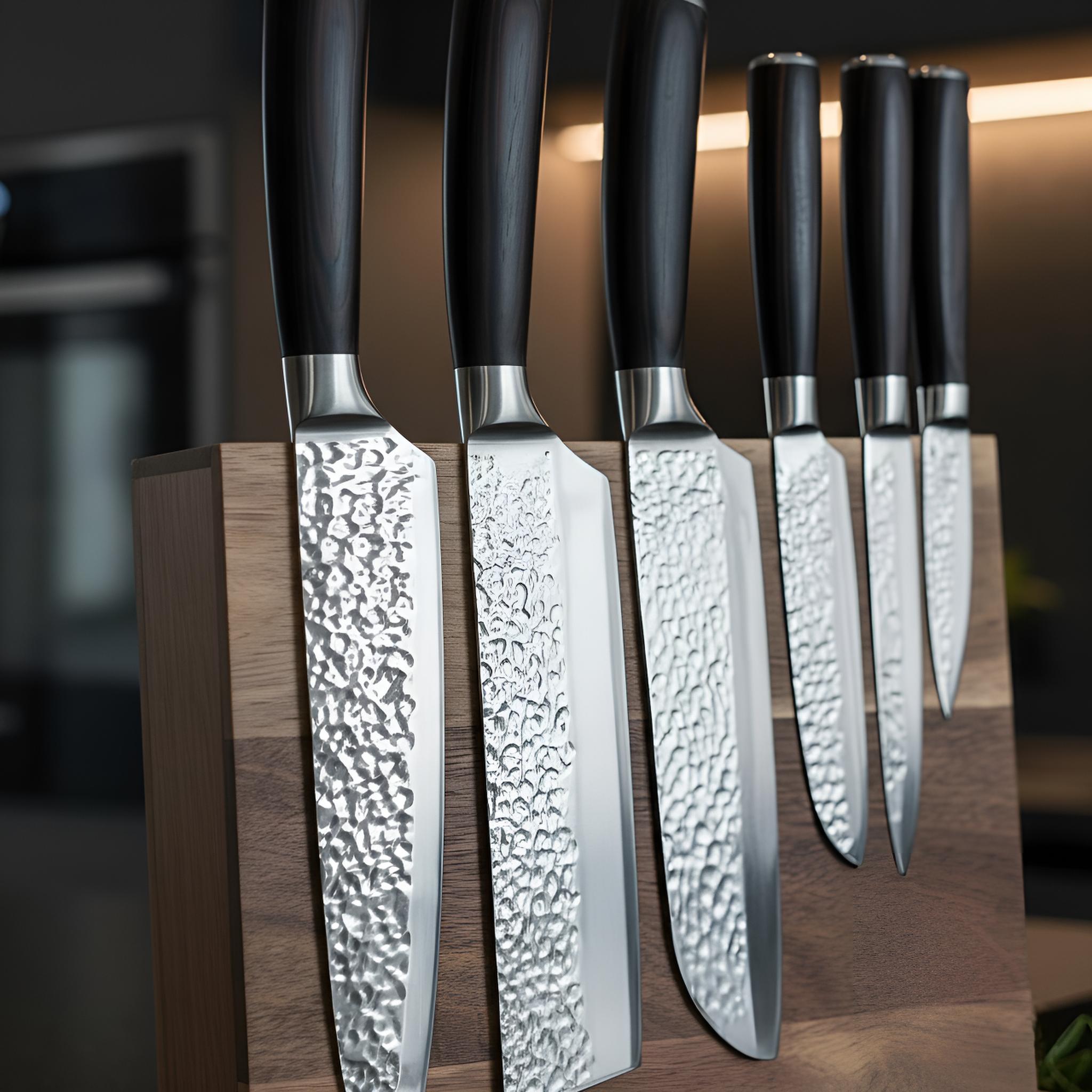 Ensemble Couteaux Martelés Kensei Kaizen™ Kinzoku Set + Support Magnétique en Acacia
