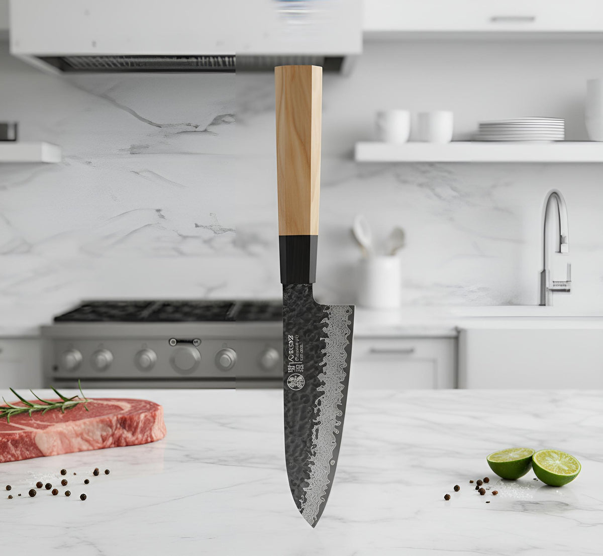 Couteau Japonais Santoku Damas 67 Couches Kensei Kaizen™ - Manche Marron