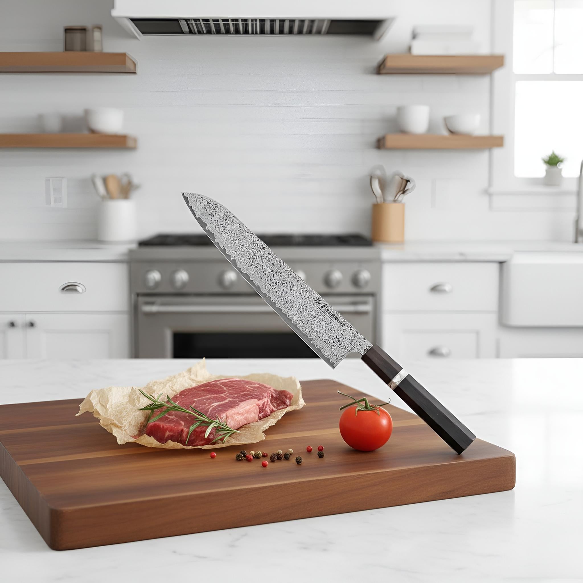 Couteau Japonais Santoku Damas 67 Couches Kensei Kaizen™ - Manche Noir