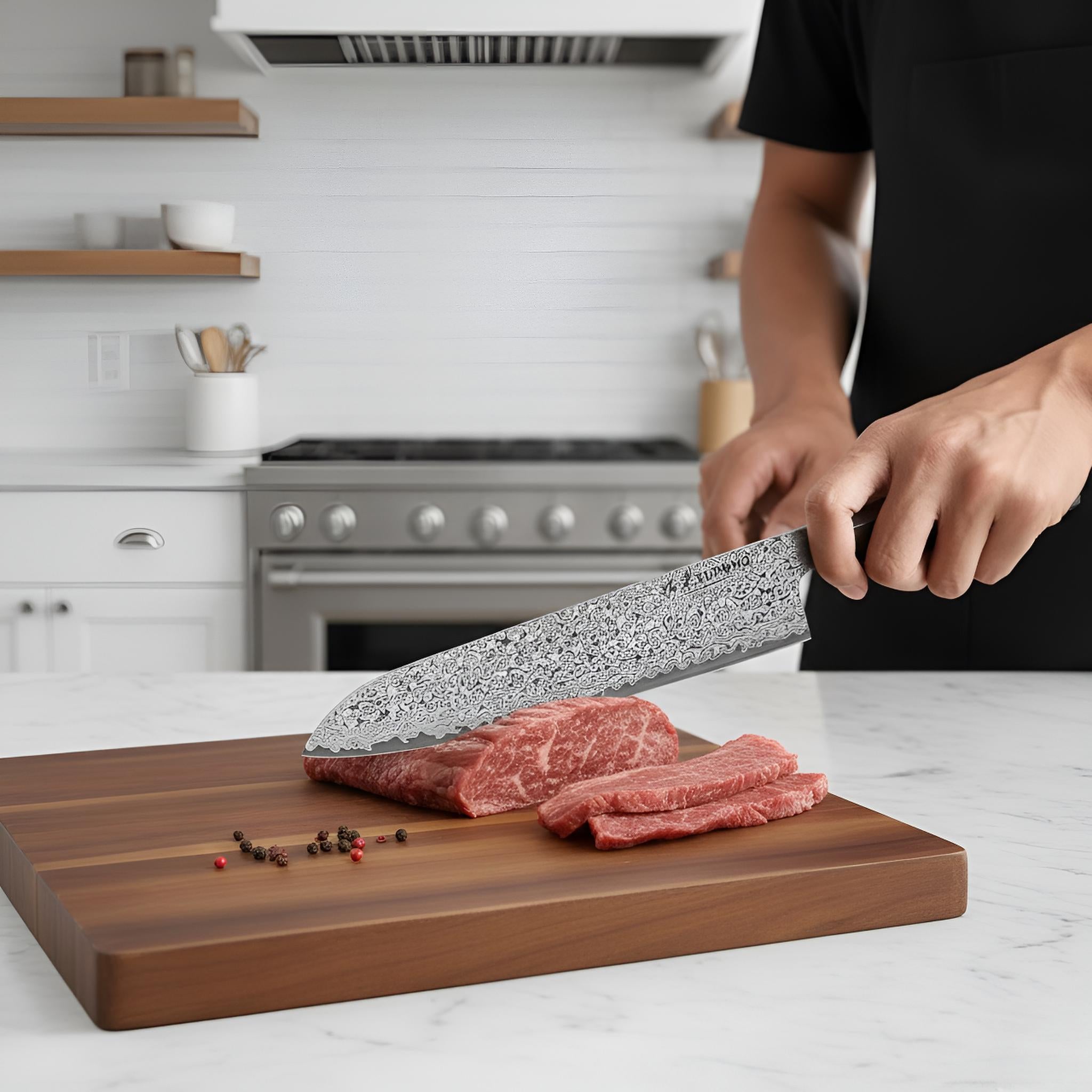 Couteau Japonais Santoku Damas 67 Couches Kensei Kaizen™ - Manche Noir