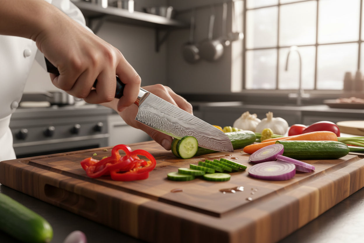 Couteau Japonais Santoku Akita | Couteau de Cuisine Japonais Damas 67 Couches | Ultra-Tranchant