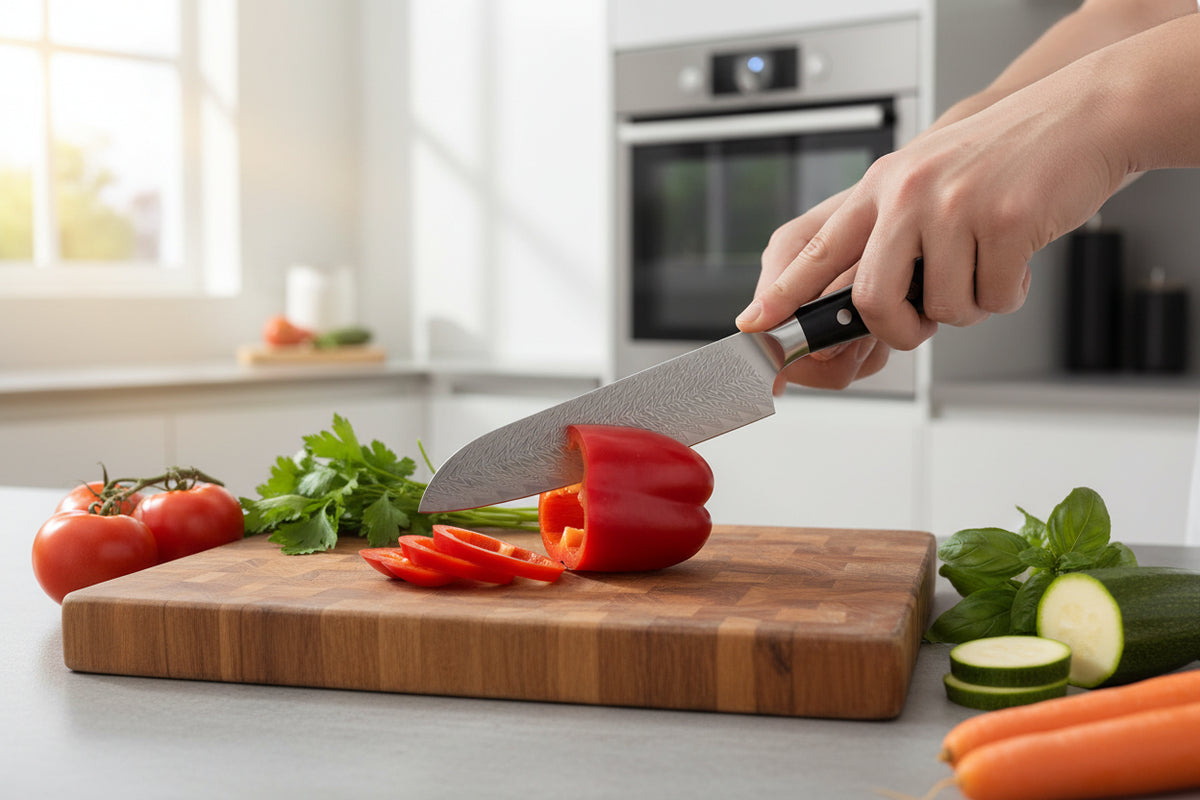 Kimoya Santoku-Messer | Japanisches Küchenmesser aus 67-lagigem Damaststahl | Ultrascharf
