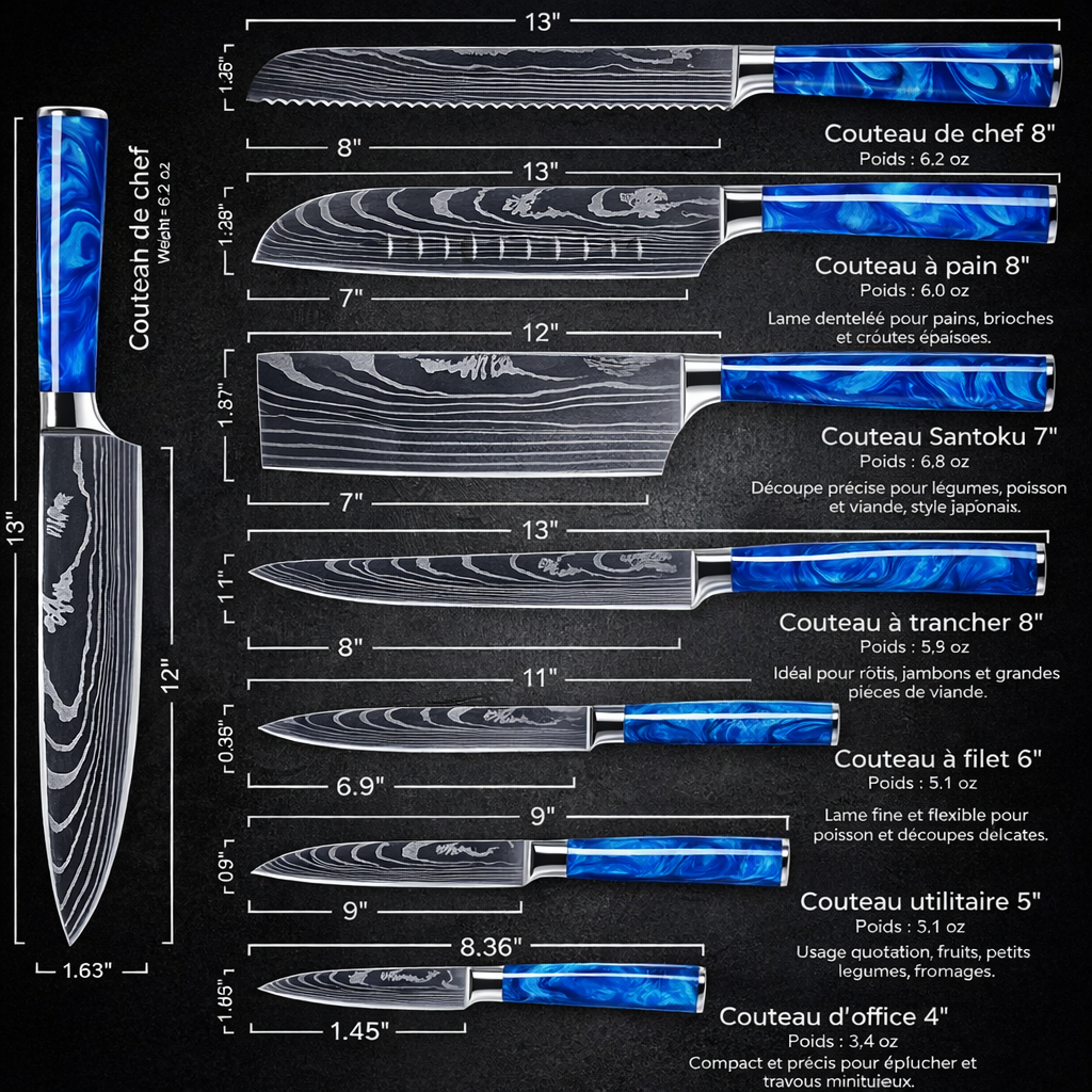 Set de 8 Couteaux Japonais Damas – Lames Premium & Manche Bleu