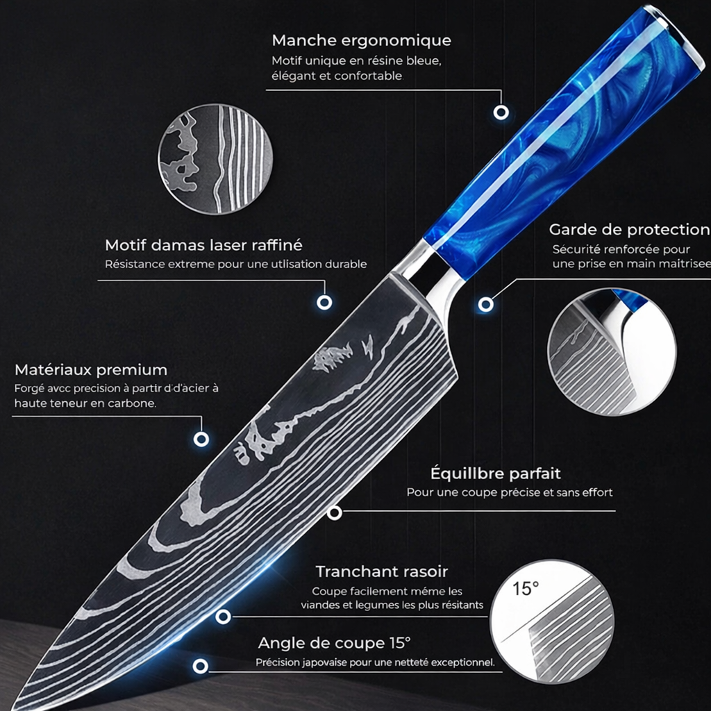 Set mit 8 japanischen Damastmessern – Premium-Klingen &amp; blaue Griffe