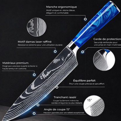 Set de 8 Couteaux Japonais Damas – Lames Premium & Manche Bleu