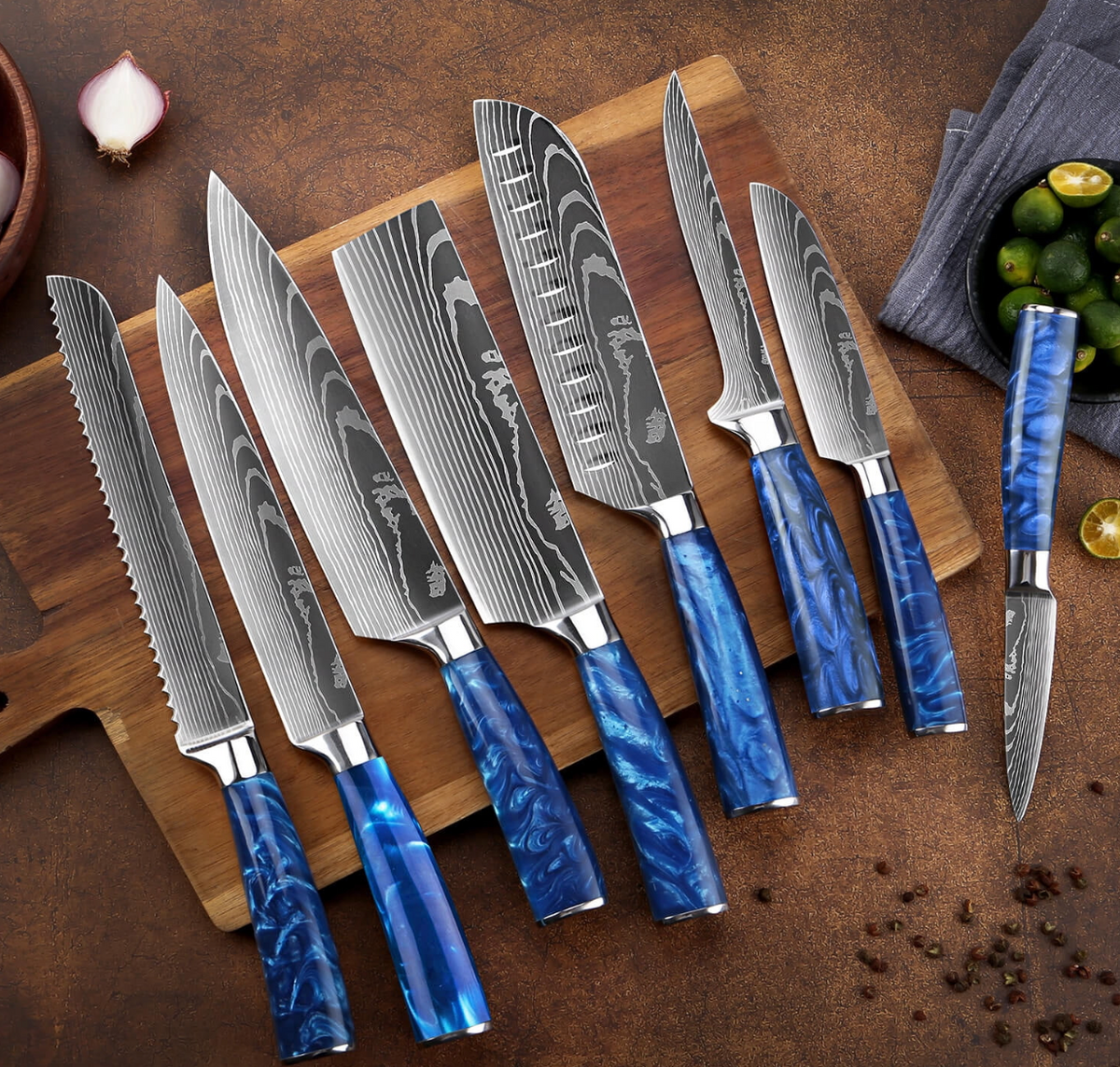 Set mit 8 japanischen Damastmessern – Premium-Klingen &amp; blaue Griffe