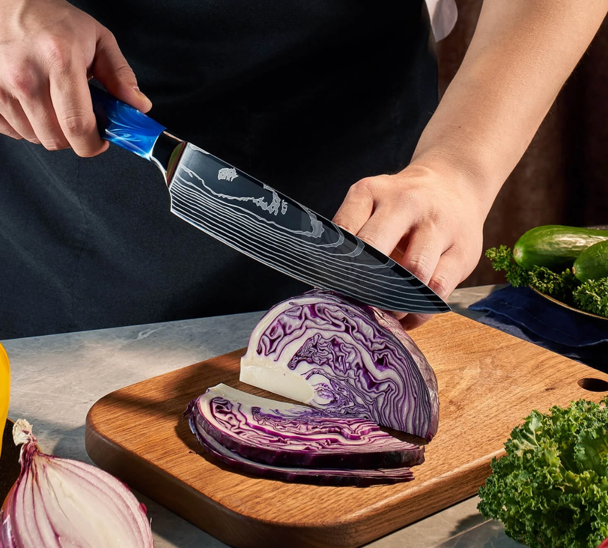 Set de 8 Couteaux Japonais Damas – Lames Premium & Manche Bleu