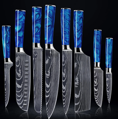 Set de 8 Couteaux Japonais Damas – Lames Premium & Manche Bleu