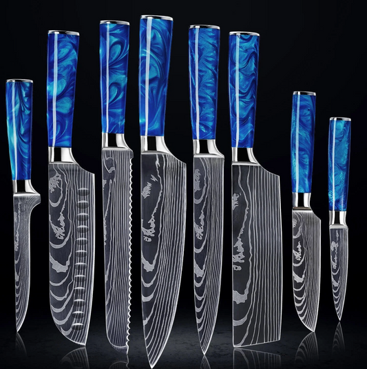 Set de 8 Couteaux Japonais Damas – Lames Premium & Manche Bleu