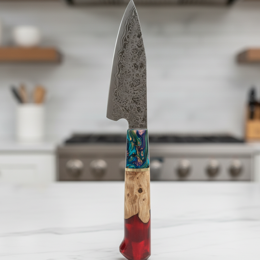 Couteau de chef japonais Damas – Manche résine et bois – Kensei Kaizen