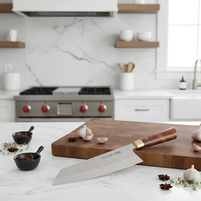 Santoku Japonais VG10 Forgé – Kensei Kaizen Acier VG10 • Finition martelée • Lame 18 cm