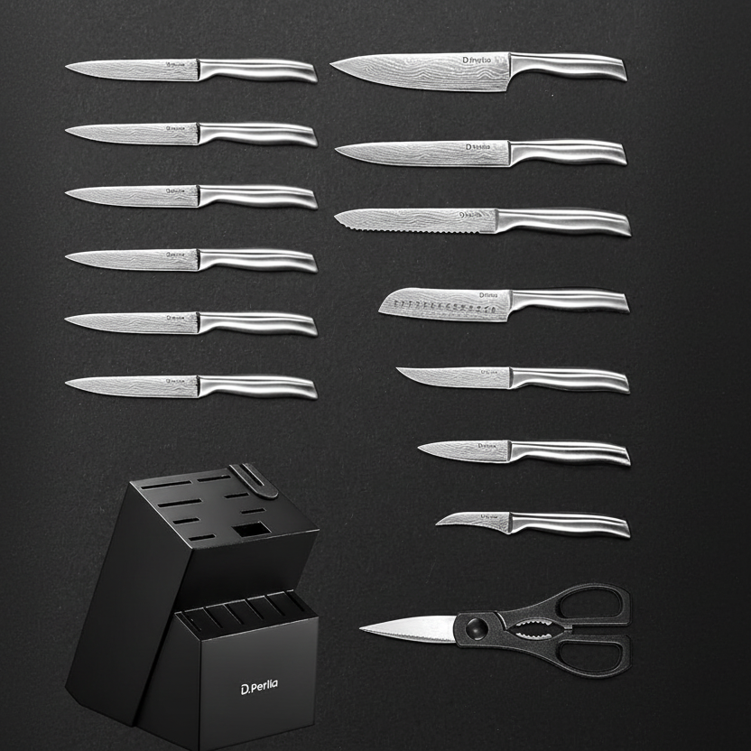 Ensemble de 15 Couteaux Kensei Kaizen™ avec Bloc Auto-Affûtant - Manche Bois Naturel