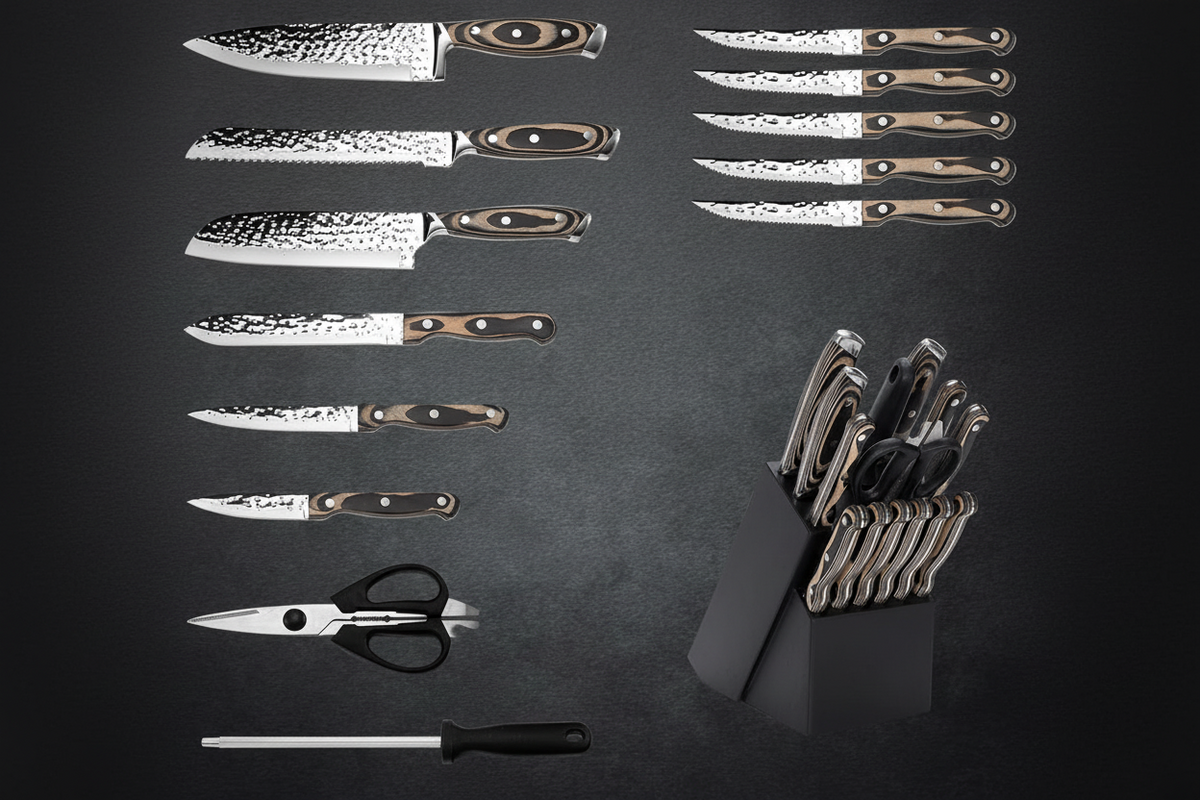 Ensemble de 15 Couteaux Kensei Kaizen™ avec Bloc Auto-Affûtant - Manche Bois Noir