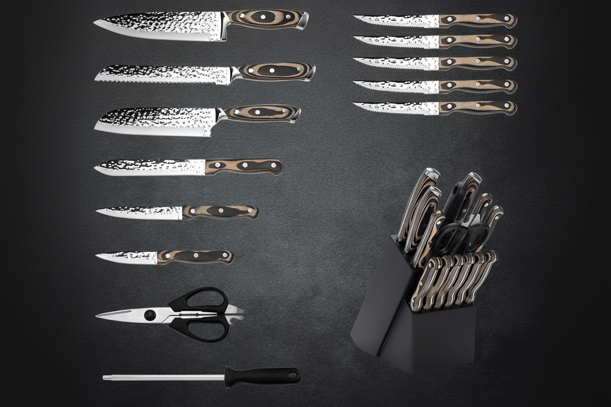 Ensemble de 15 Couteaux Kensei Kaizen™ avec Bloc Auto-Affûtant - Manche Bois Noir
