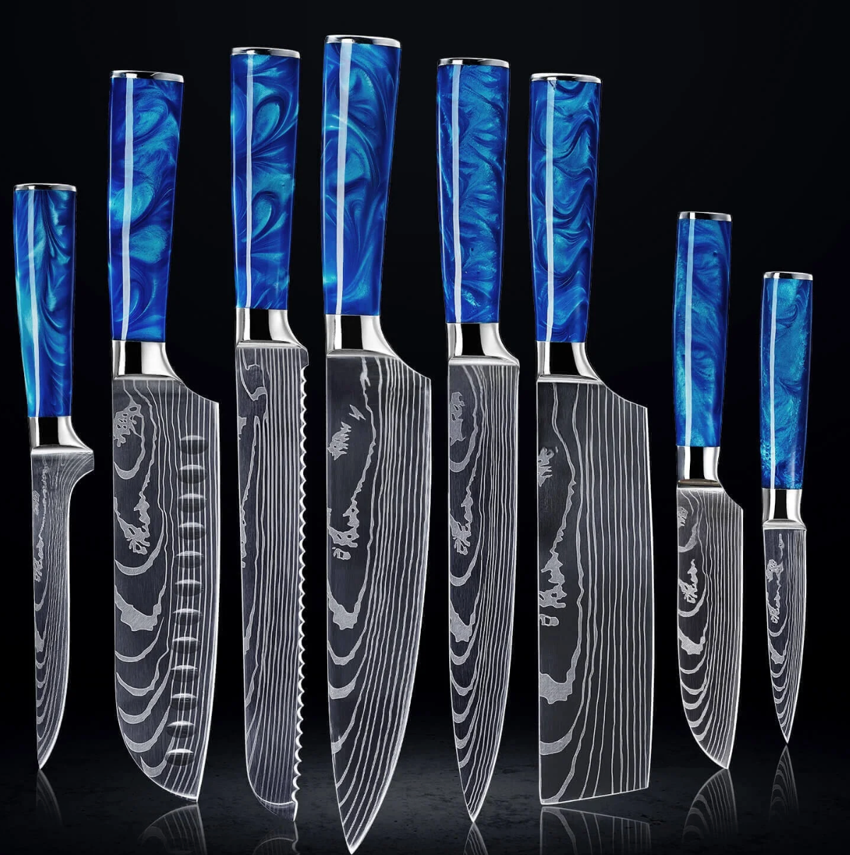 Set de 8 Couteaux Japonais Damas – Lames Premium & Manche Bleu