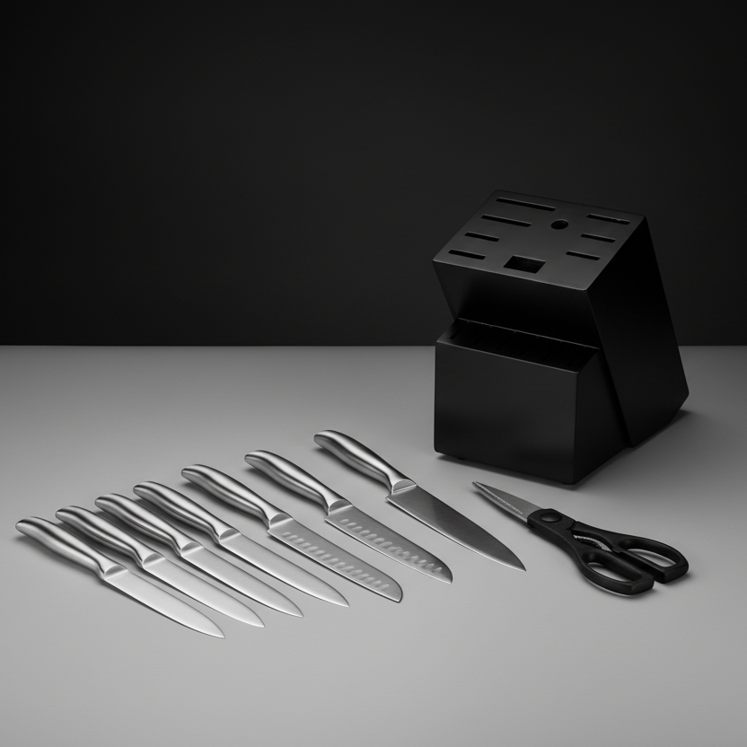 Ensemble de 15 Couteaux Kensei Kaizen™ avec Bloc Auto-Affûtant - Manche Bois Naturel