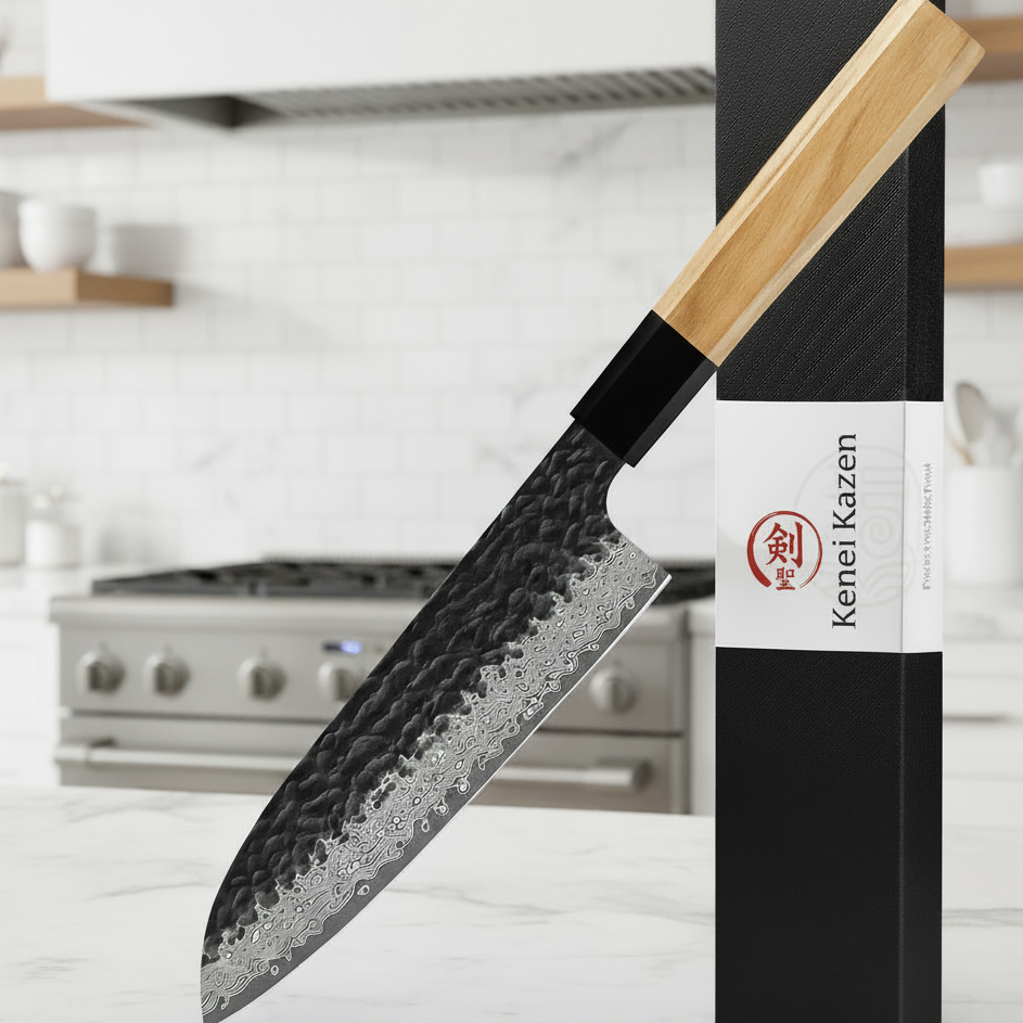 Couteau Japonais Santoku Damas 67 Couches Kensei Kaizen™ - Manche Marron