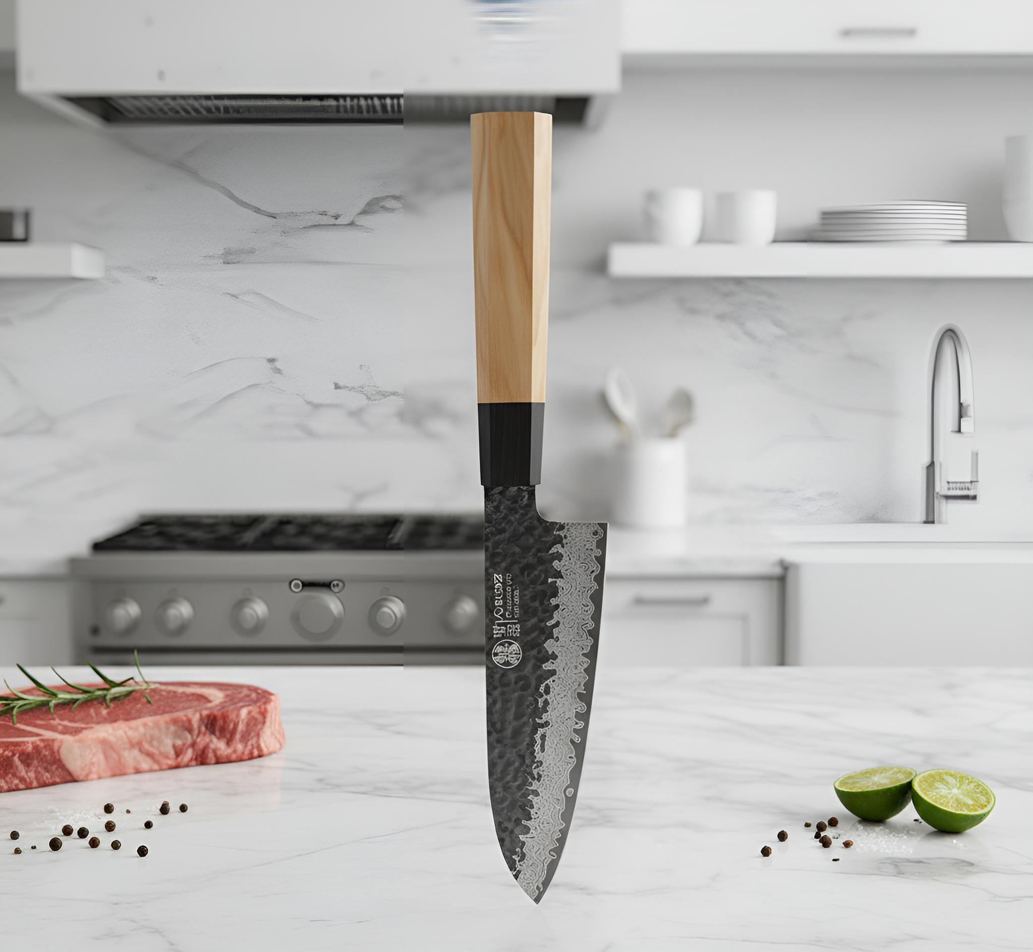 Couteau Japonais Santoku Damas 67 Couches Kensei Kaizen™ - Manche Marron