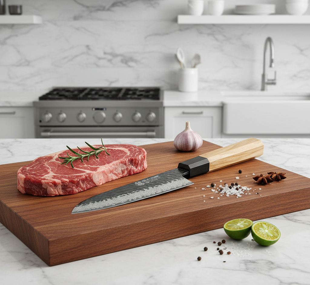 Couteau Japonais Santoku Damas 67 Couches Kensei Kaizen™ - Manche Marron
