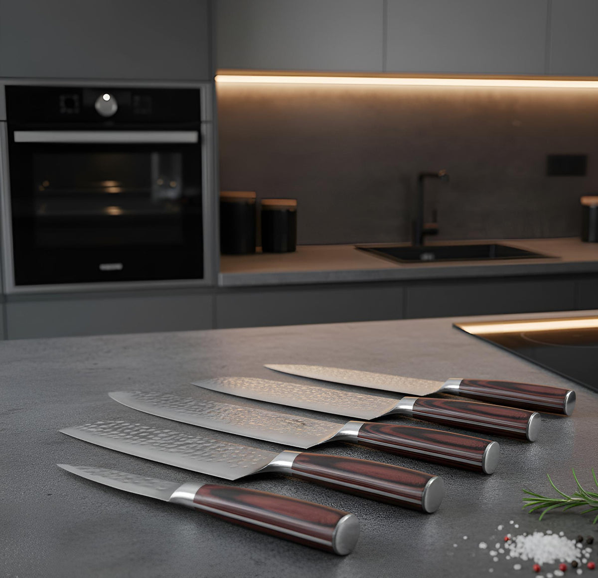 Ensemble Couteaux Martelés Kensei Kaizen™ Kinzoku Set + Support Magnétique en Acacia