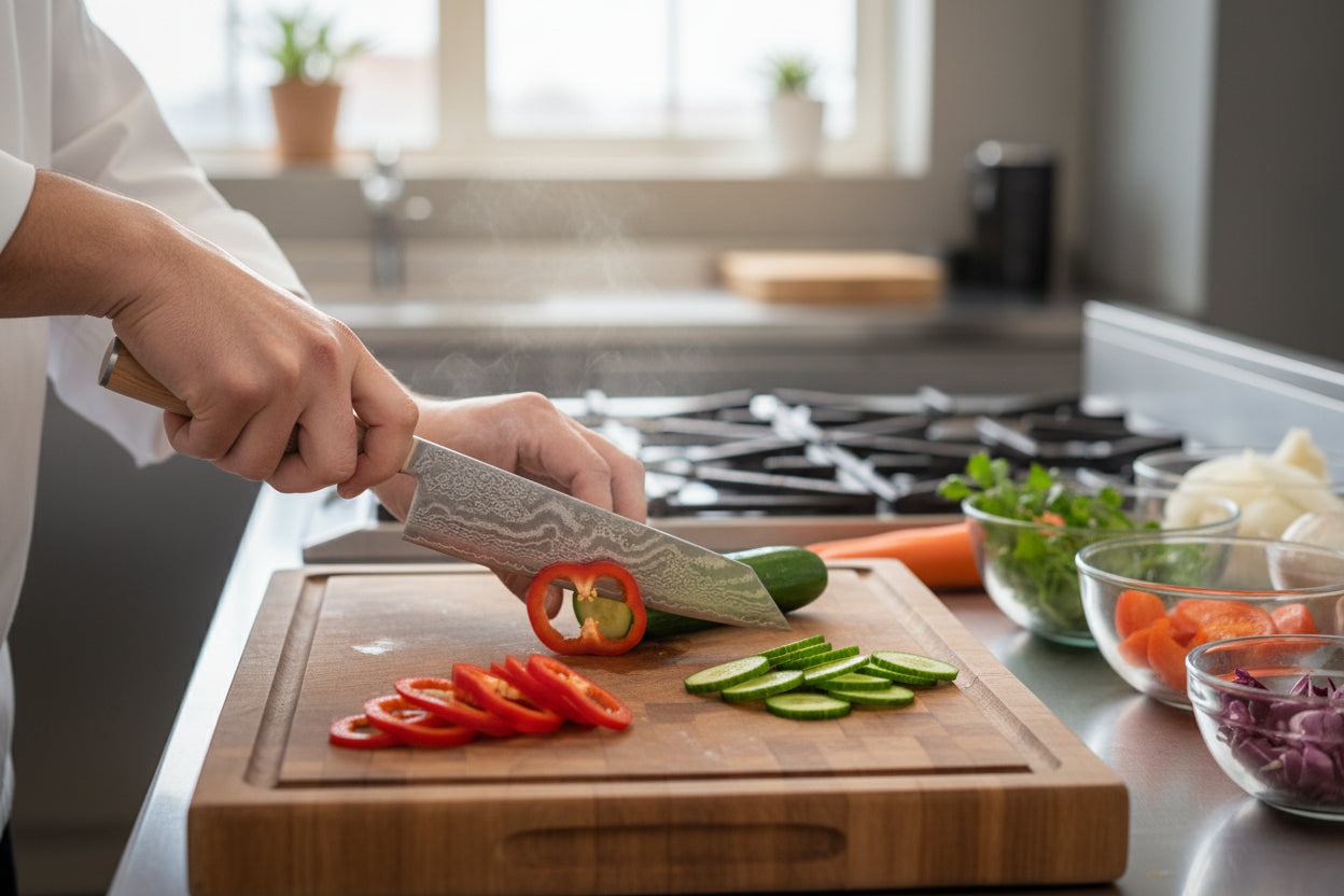 Couteau Japonais Kiritsuke 25 cm Matsu | Couteau de Cuisine Japonais Damas 67 Couches | Ultra-Tranchant