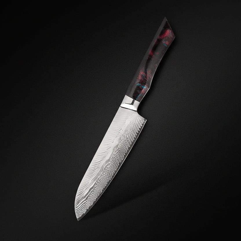 Couteau Japonais Santoku Akita | Couteau de Cuisine Japonais Damas 67 Couches | Ultra-Tranchant