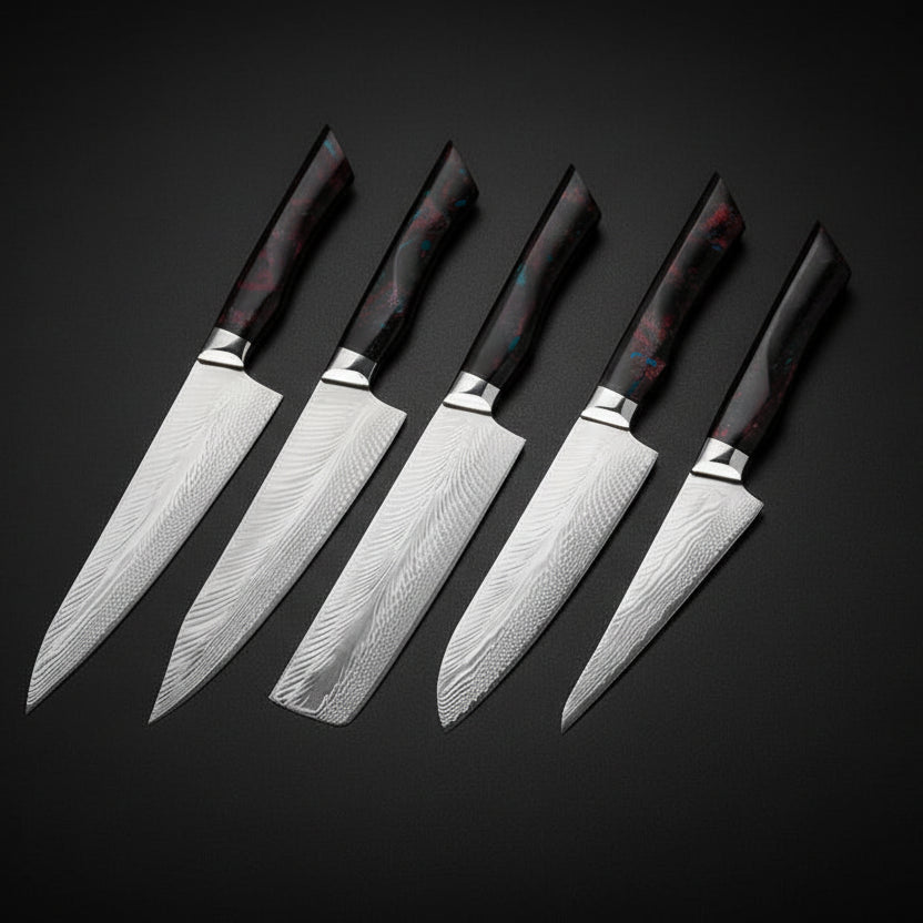 Set de 5 Couteaux Japonais Akita | Couteaux de Cuisine Japonais Damas | Collection Premium