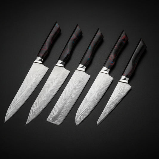 Set de 5 Couteaux Japonais Akita | Couteaux de Cuisine Japonais Damas | Collection Premium